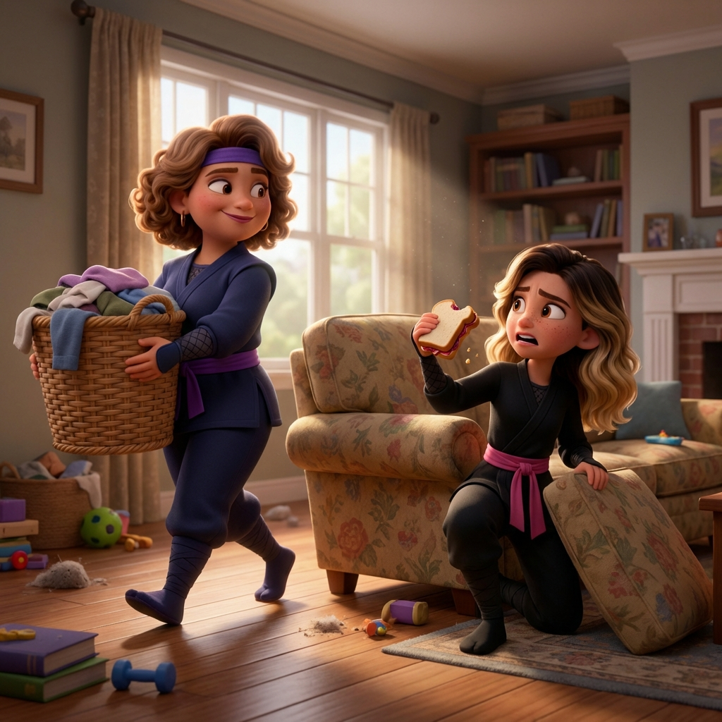 Pixar style image of mom carrying a basket of laundry while her teenage daughter finds a peanut butter sandwich under the couch cushion. They are dressed as ninjas as they clean a messy livingroom.