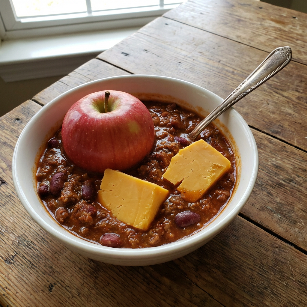 A bowl of chili sits on a wooden table. In addition to chili, the bowl contains a silver spoon, 2 chunks of cheddar cheese, and a whole red apple.