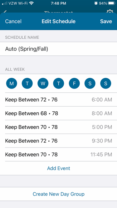 Programmed schedule on my Sensi Smart Thermostat. Adjusted for more comfort when I am home, and most comfort when I am just waking up or going to bed. 